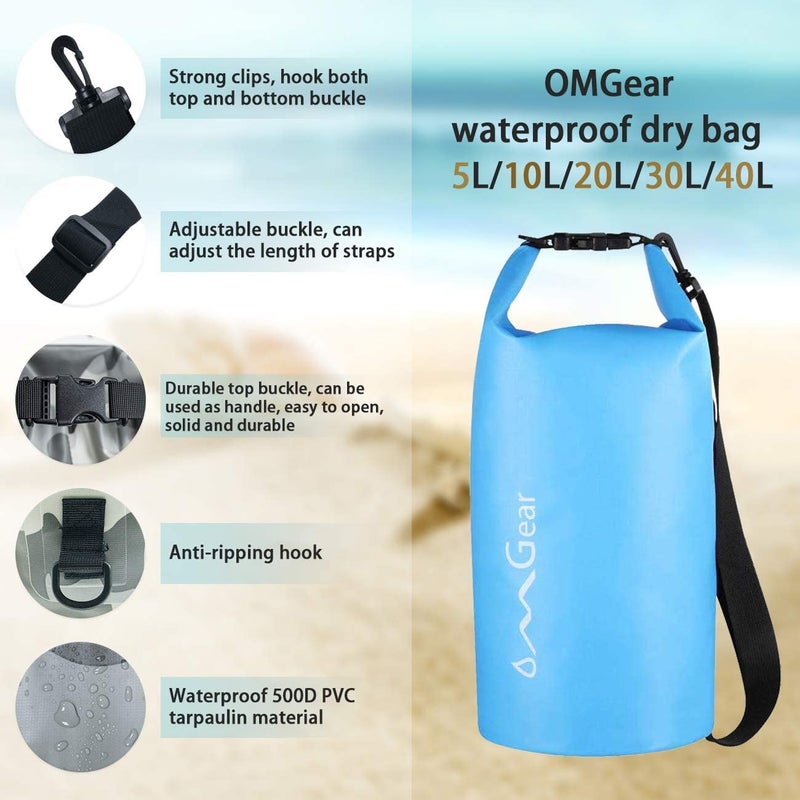 OMGear Waterproof Dry Bag Backpack Waterproof Phone Pouch 40L/30L/20L/10L/5L Floating Dry Sack For Kayaking Boating Sailing Canoeing Rafting Hiking Camping Outdoors Activities (Light blue2, 5L) - Image 3